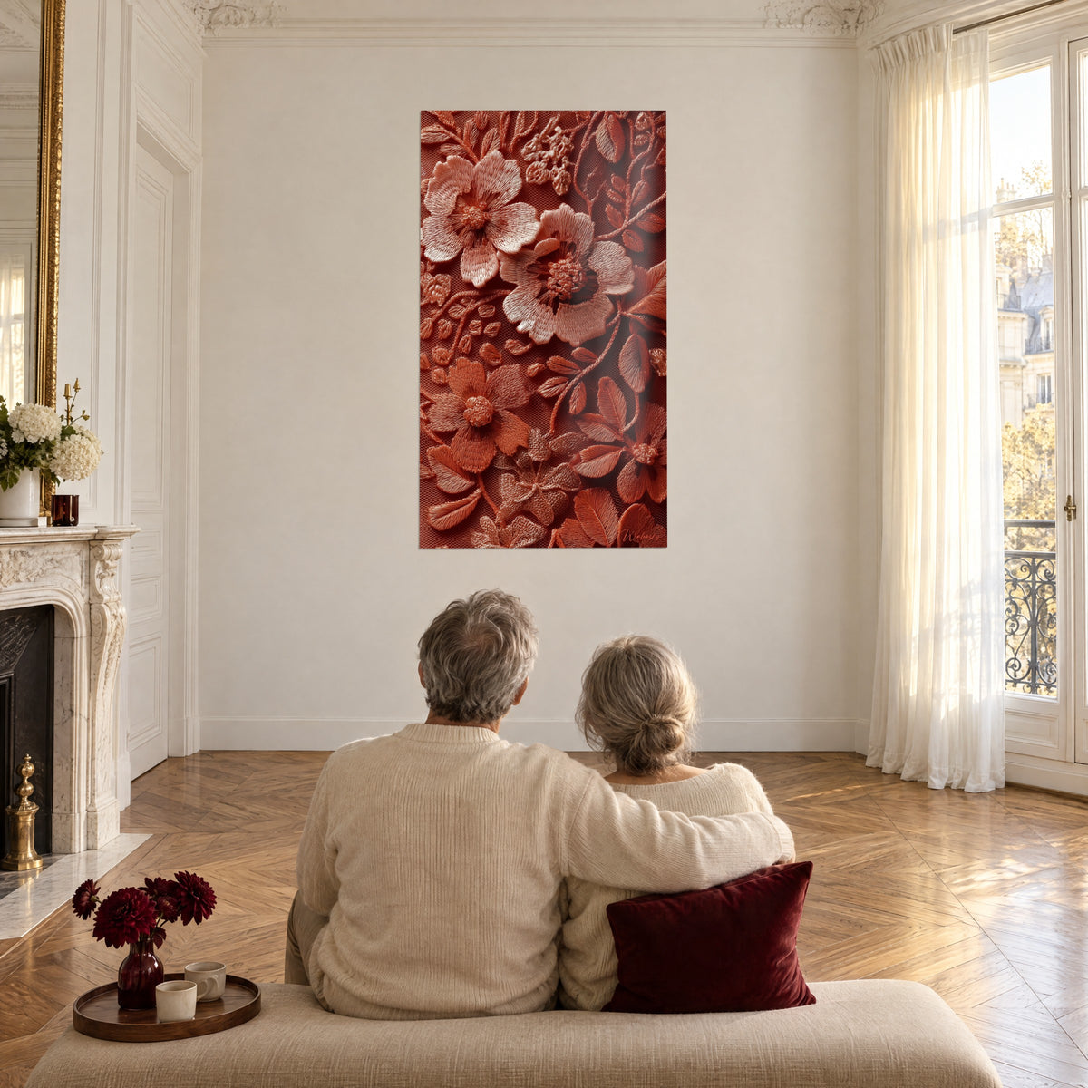 Quadro con giardino di seta rosa pallido e terracotta, coppia di anziani di spalle su una panchina in un grande salone haussmanniano