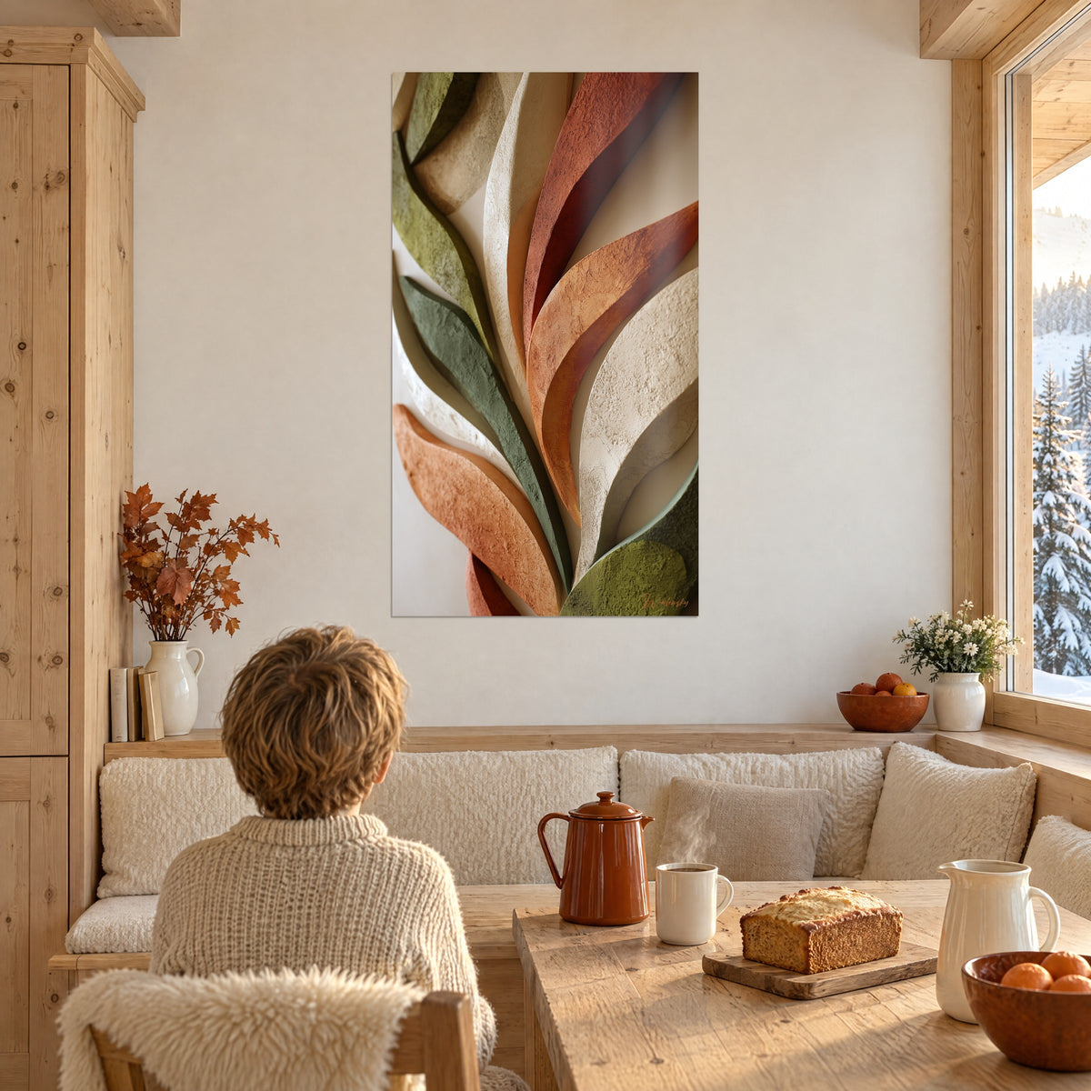 Tableau gerbe de feuilles crème, brique et vert sauge, en relief granuleux, enfant de dos, coin repas de chalet