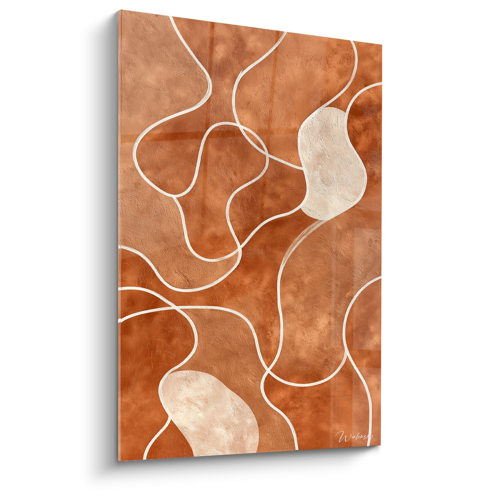 Tableau Terracotta abstrait aux lignes blanches sinueuses sur fond cuivré et ocre texturé