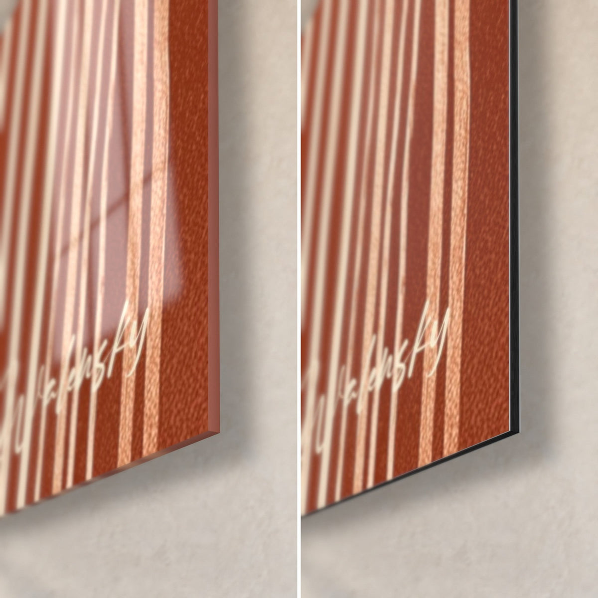 Wall art arch of cream lines on brick, lower right corner: glossy glass with reflections, matt black Dibond, 3 mm edge