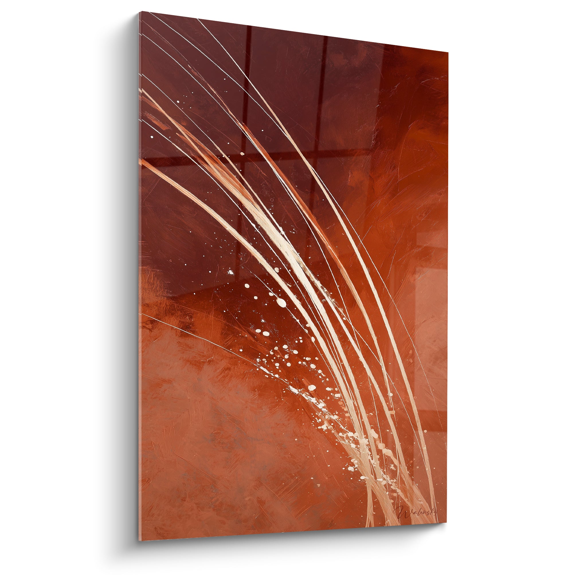 Tableau Terracotta abstrait : lignes crème sinueuses jaillissant d'un fond rouille et brun profond