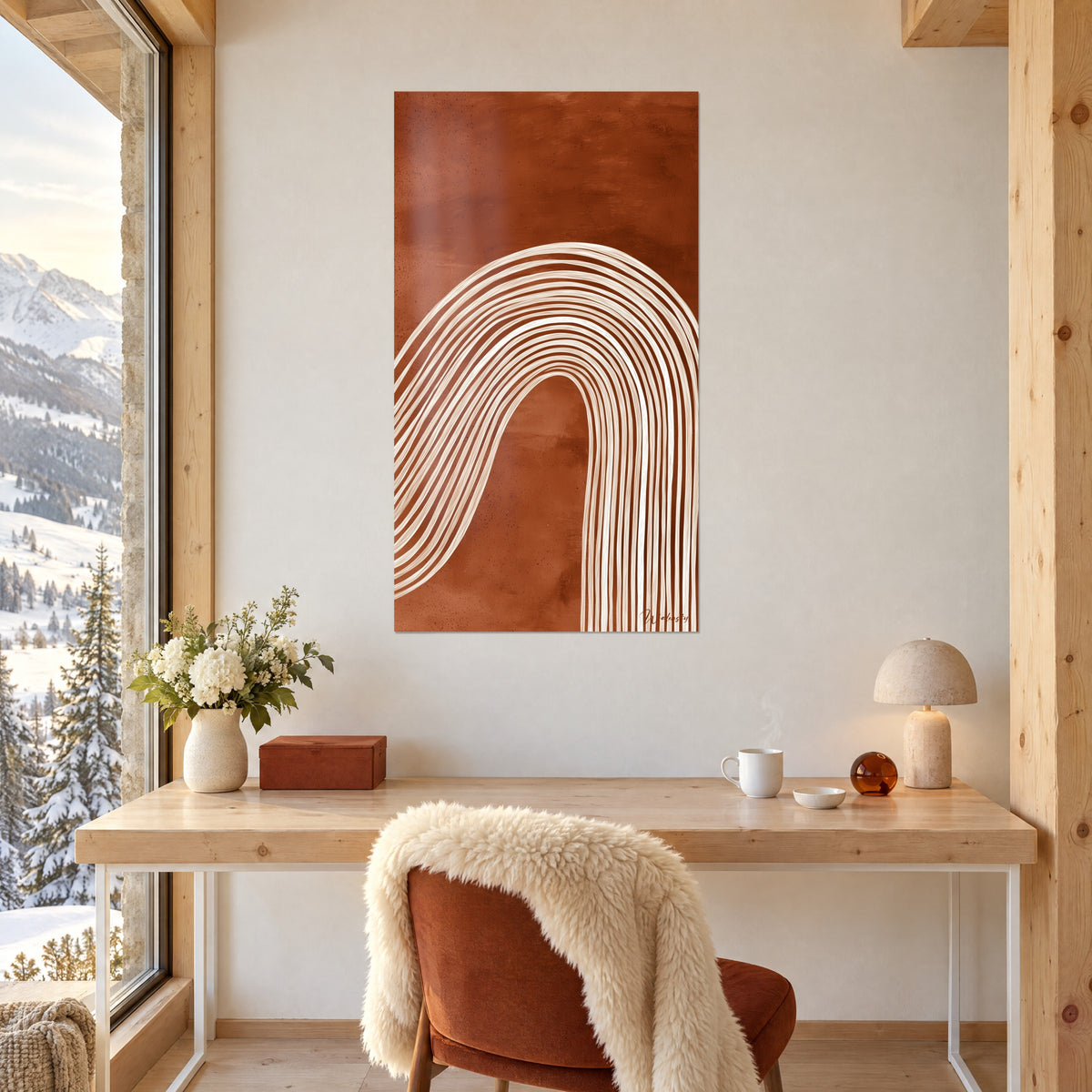 Cuadro arcada de cintas blancas sobre fondo cobrizo, escritorio de madera, silla de ladrillo, jarrón de flores, ventanal nevado