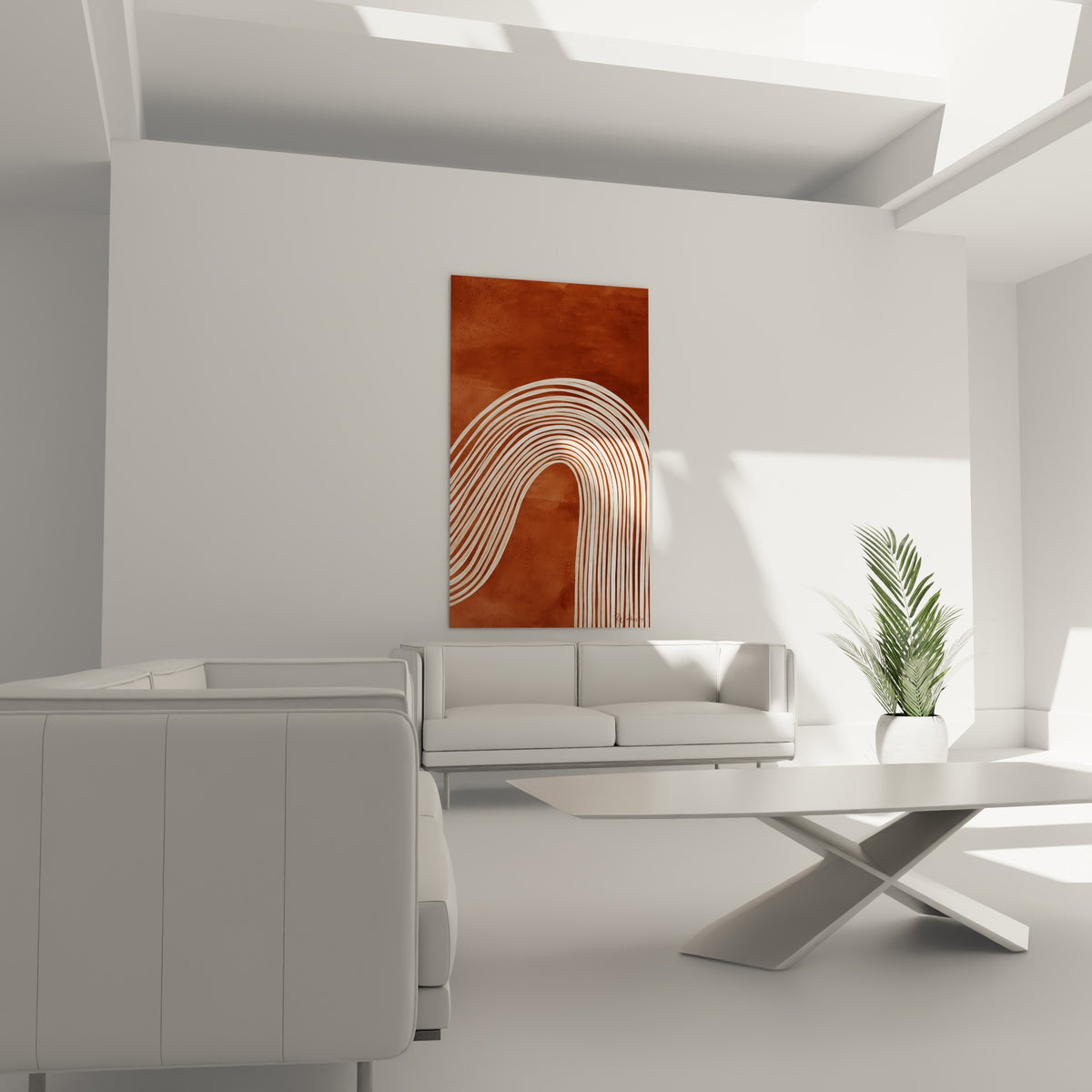 Motif ondulé blanc cassé sur fond terracotta profond, disposé au-dessus d'un canapé dans un salon lumineux