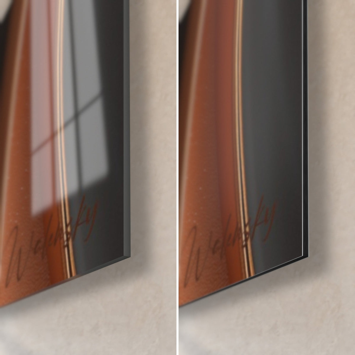 Gemälde mit terrakottafarbenen und anthrazitfarbenen Wellen, untere rechte Ecke: glänzendes Acrylglas links, mattes Dibond-Aluminium rechts, 3 mm Kante