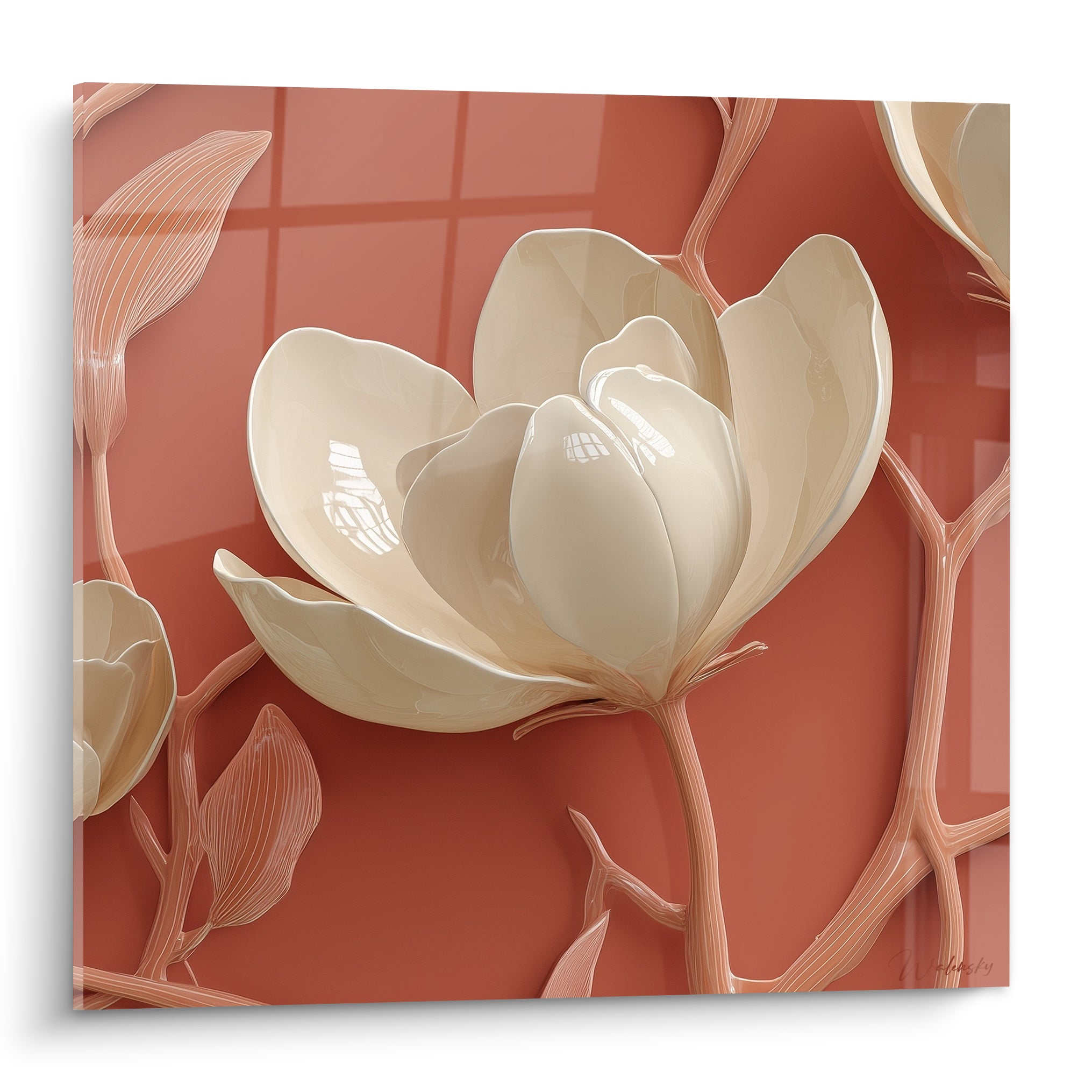 Magnolia ivoire aux pétales nacrés sur fond terracotta strié, tiges chair sinueuses en relief sculpté
