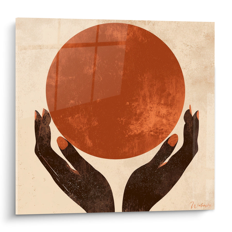 Tableau Mains brunes et rouille soutenant un disque - Ombre portée d'une fenêtre - Edition Terracotta