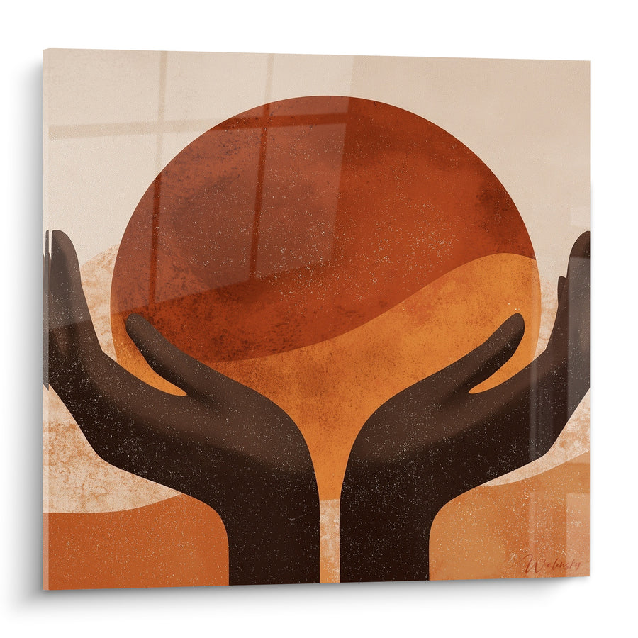 Tableau Mains brunes offrant un soleil ocre - Offrande solaire - Edition Terracotta