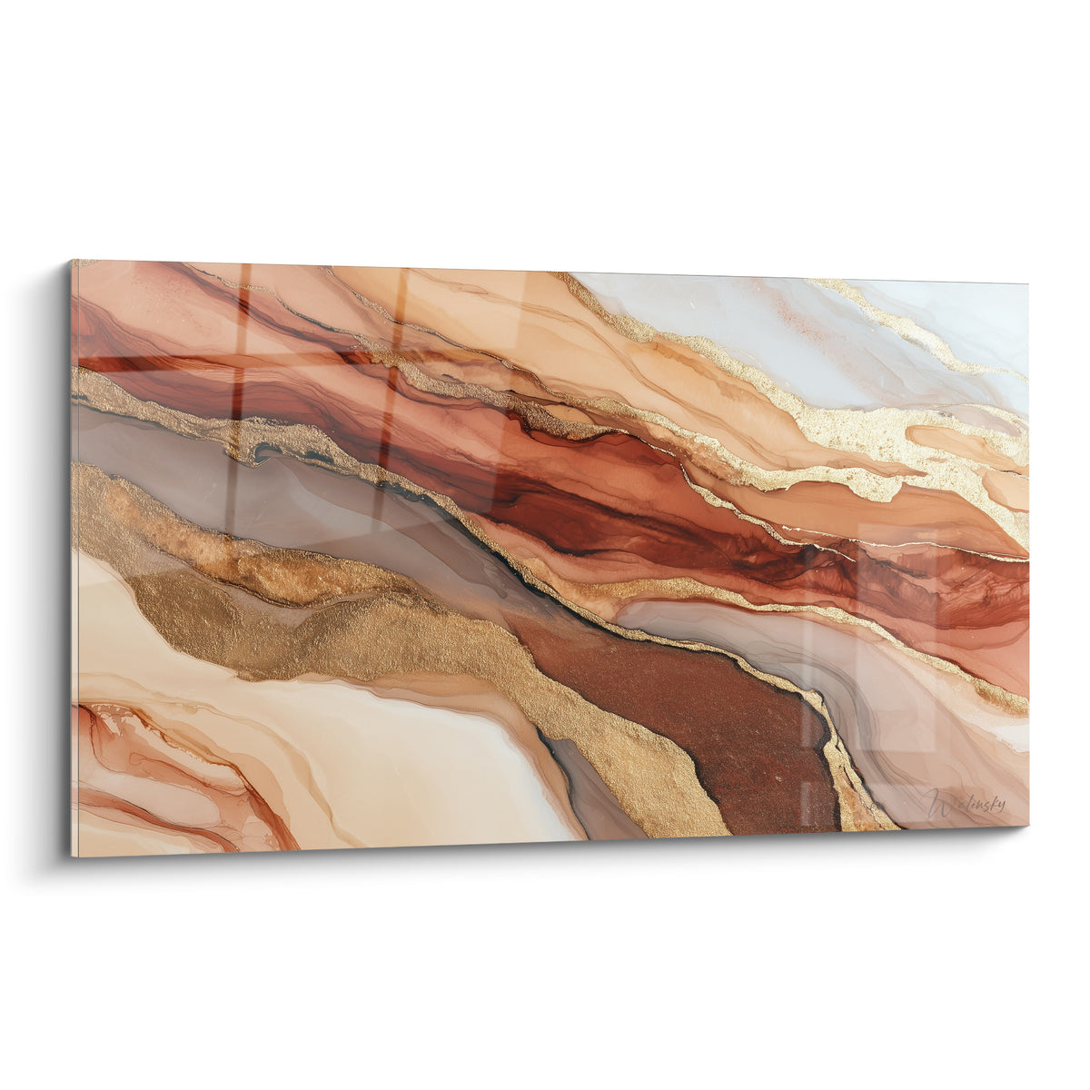 Marbrure abstraite terracotta et dorée aux veines fluides, effet encre alcoolique sur toile lumineuse