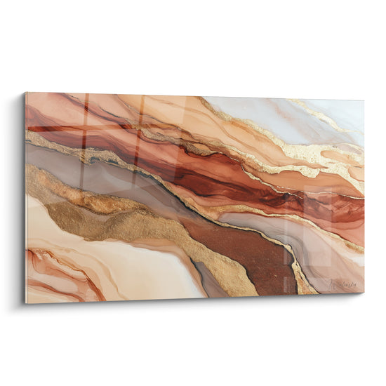 Marbrure abstraite terracotta et dorée aux veines fluides, effet encre alcoolique sur toile lumineuse