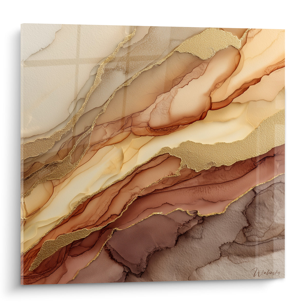 Marbrure terracotta et dorée fluide, dégradé ivoire, brun anthracite et or en composition abstraite