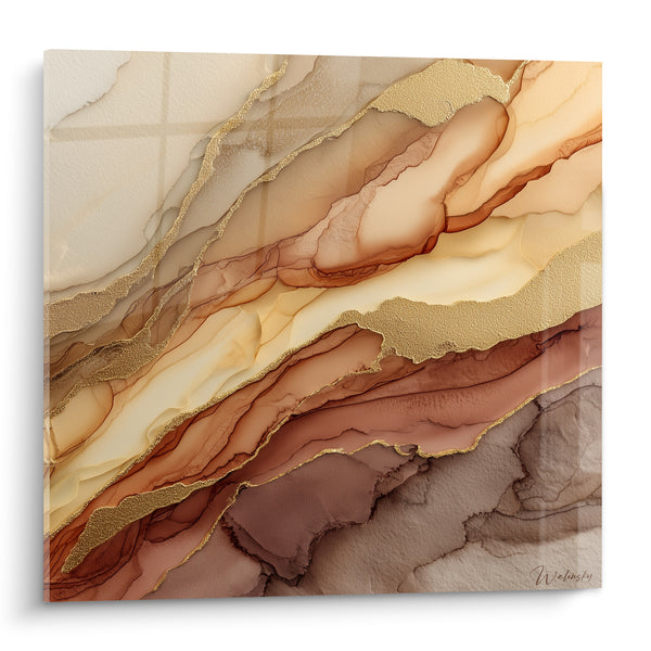 Tableau Marbrure terracotta et dorée en encre fluide - Coulée dorée - Edition Terracotta