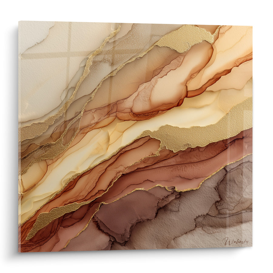 Tableau Marbrure terracotta et dorée en encre fluide - Coulée dorée - Edition Terracotta