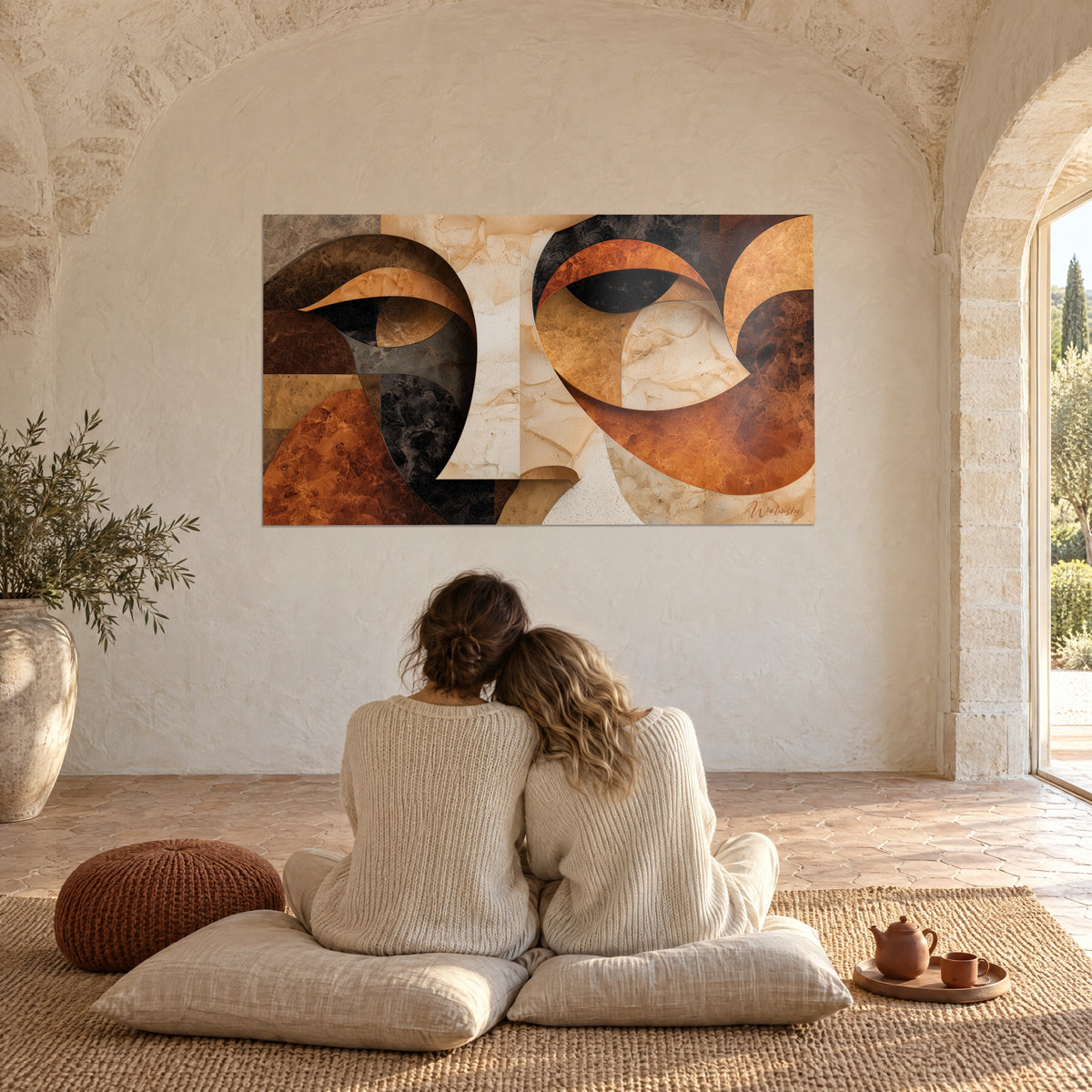 Tableau visage en collage de pierres ocre, crème et noir, un couple enlacé de dos sur des coussins, voûtes en pierre