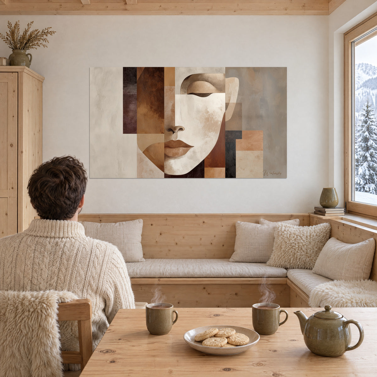 Tableau masque féminin fragmenté en rectangles bruns, beiges et bordeaux, contemplé près d'une baie vitrée enneigée dans un chalet confortable