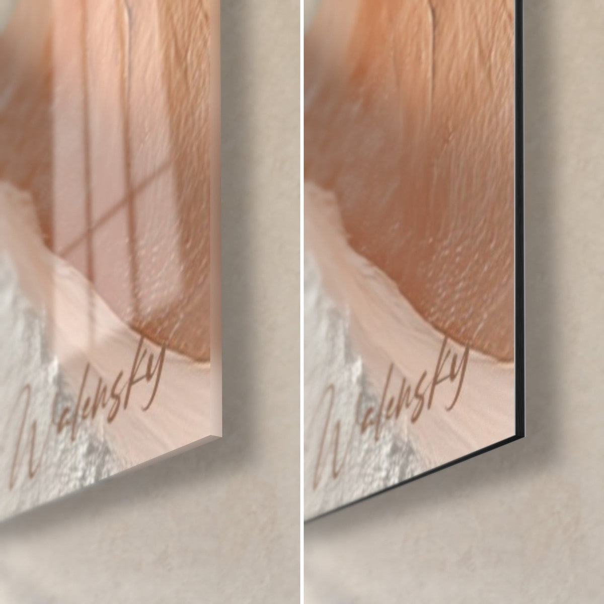 Schilderij met een abstracte witte en baksteenkleurige kromming, rechtsonder: glanzend acrylglas dat het raam weerspiegelt, mat Dibond, rand van 3 mm