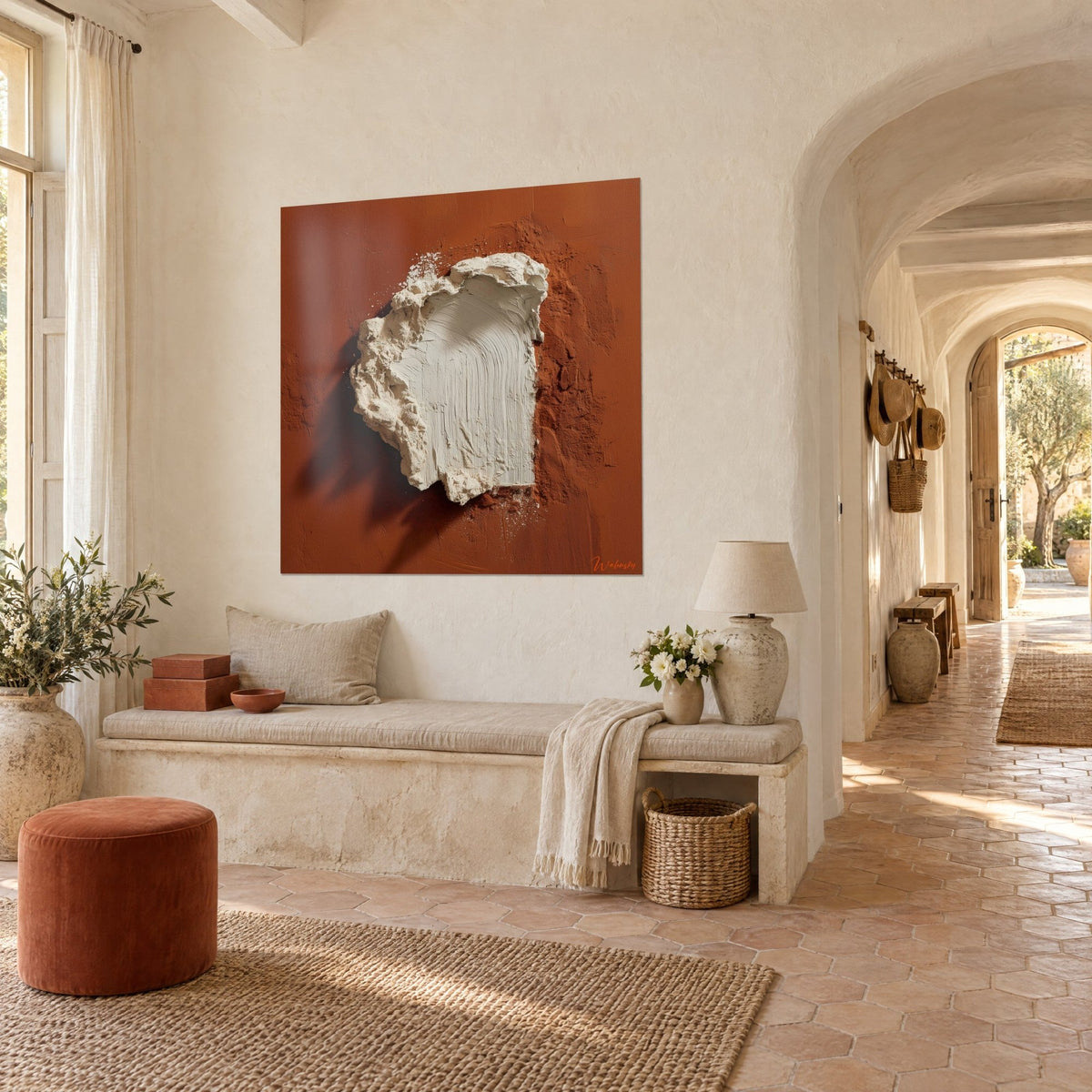 Schilderij met ivoorkleurige minerale scherf met verticale strepen, roestkleurige slagschaduw, driekwart zicht in een gewelfde gang van een masseria