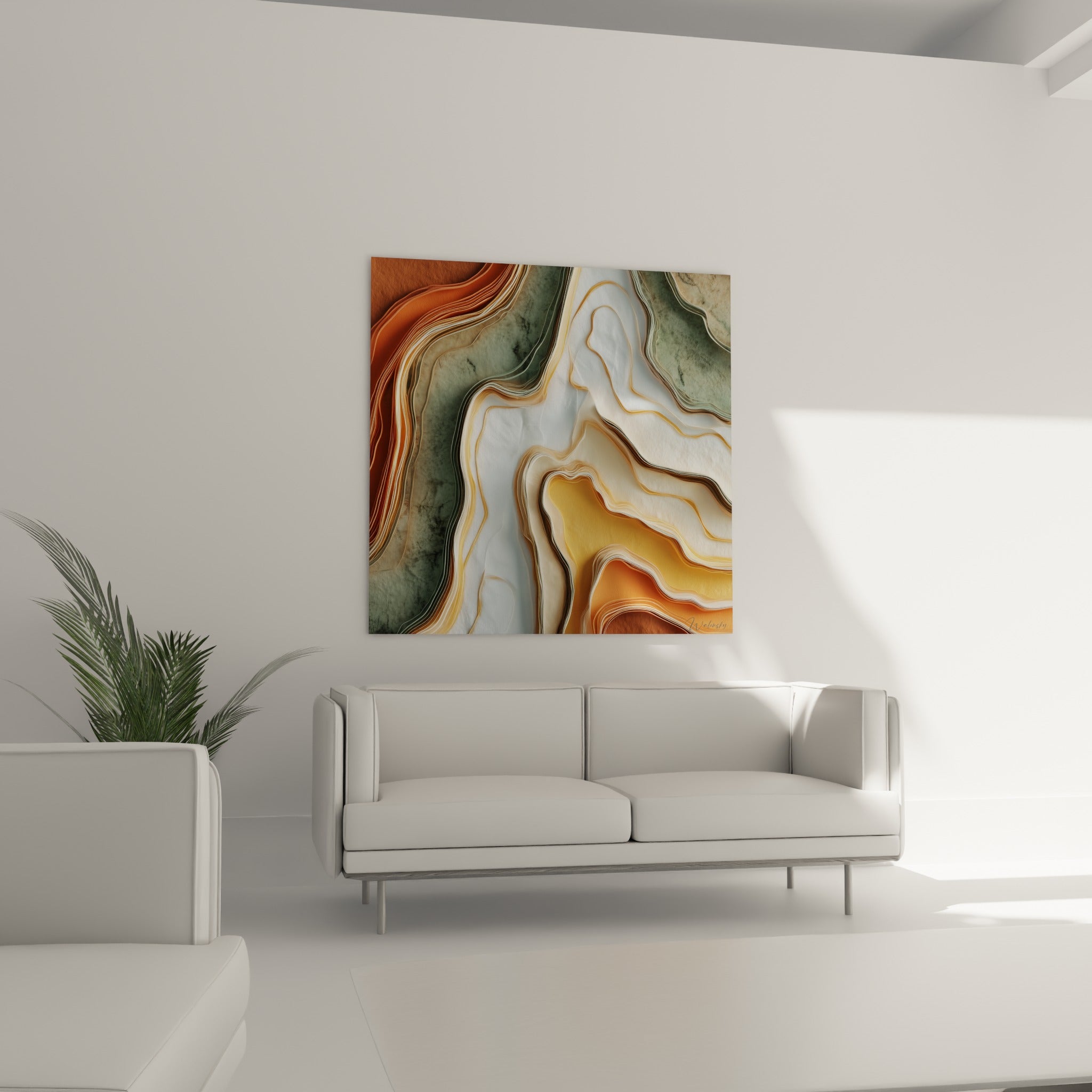 Strates dorées et terracotta du tableau agate accrochées au-dessus d'un canapé dans un salon lumineux