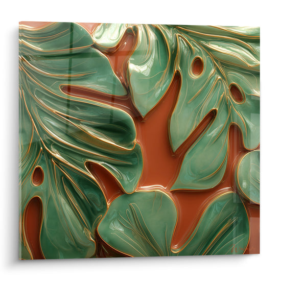 Feuille de monstera vert émeraude aux nervures dorées sur fond terracotta brillant et sculpté