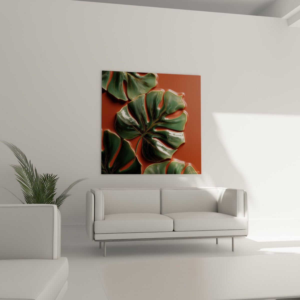 Monstera vert profond aux courbes brillantes sur fond ocre chaud, disposé au-dessus d'un canapé dans un salon lumineux