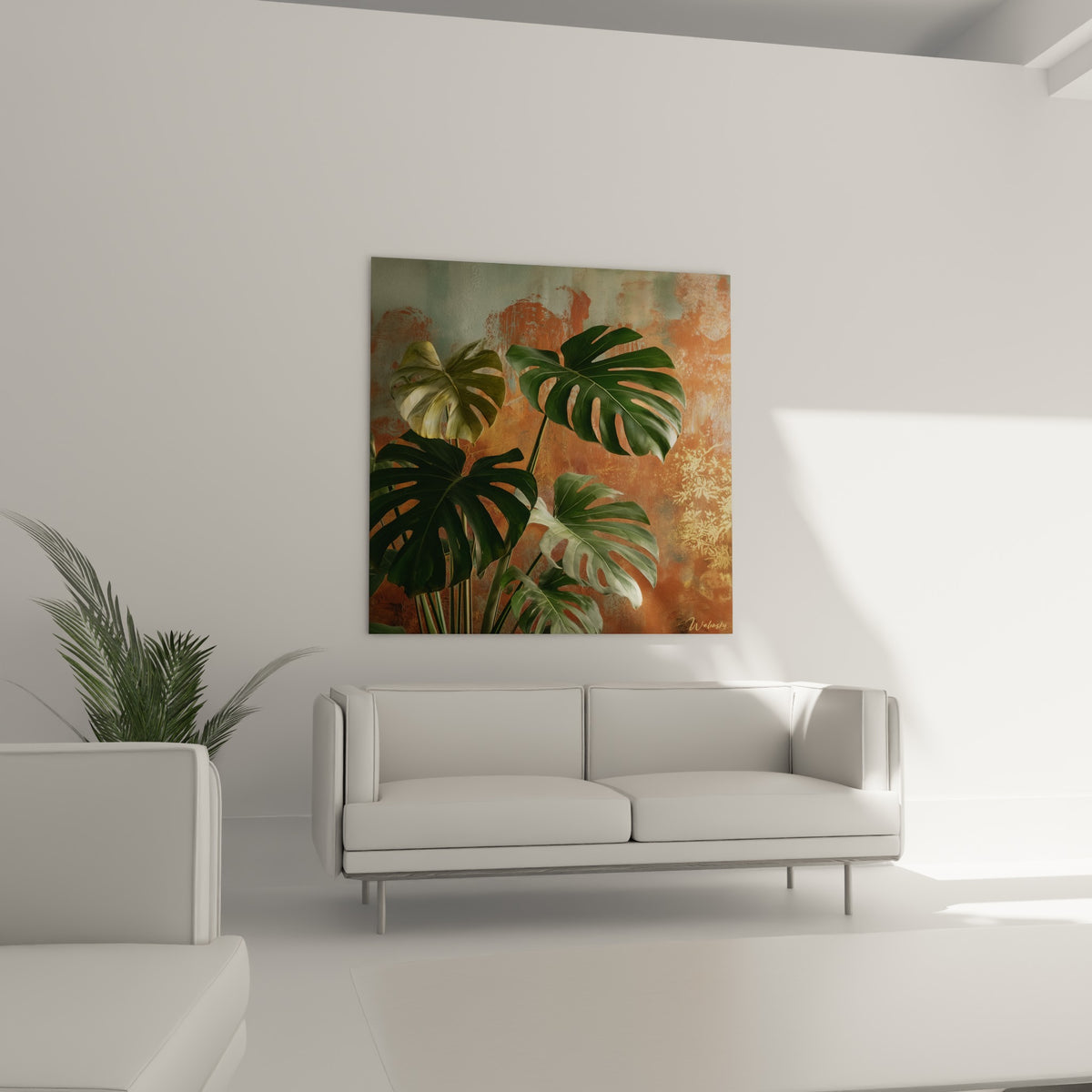 Feuillage de monstera vert profond et ocre rouille en composition verticale, au-dessus d'un canapé dans un salon lumineux