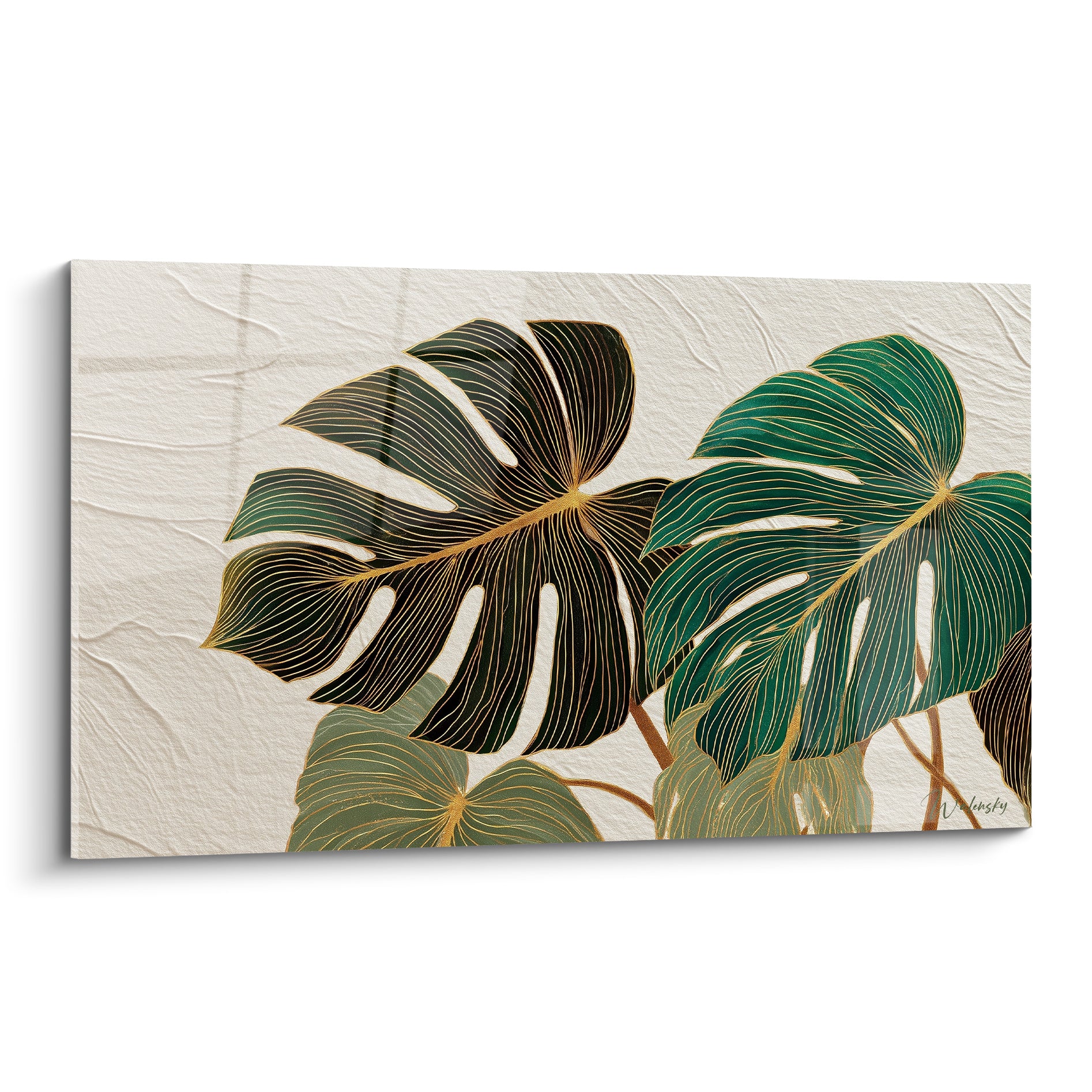 Feuilles de monstera vert profond et noir bronze aux nervures dorées sur fond ivoire texturé