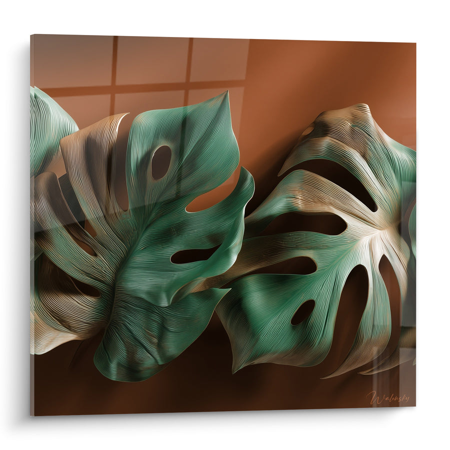 Tableau Feuilles de monstera vert et brun - Souffle tropical - Edition Terracotta