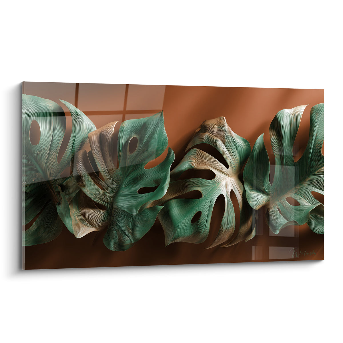 Feuilles de monstera vertes et brique déployées sur un fond terracotta lumineux, style graphique.