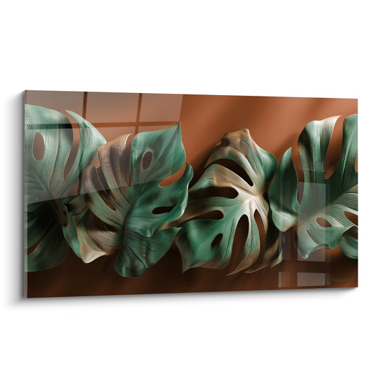 Feuilles de monstera vertes et brique déployées sur un fond terracotta lumineux, style graphique.