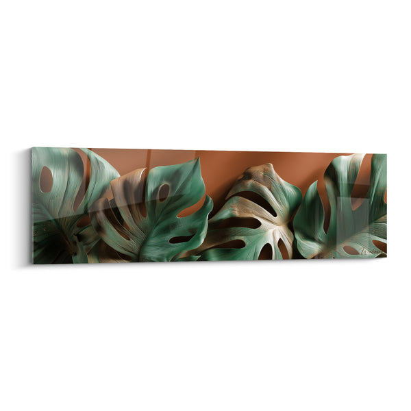 Tableau Monstera vert et brun aux feuilles ajourées - Rangée de tiges alignées - Edition Terracotta