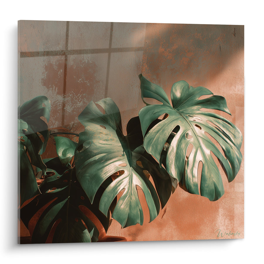 Tableau Monstera vert et orange contre mur ensoleillé - Sieste dans la lumière - Edition Terracotta