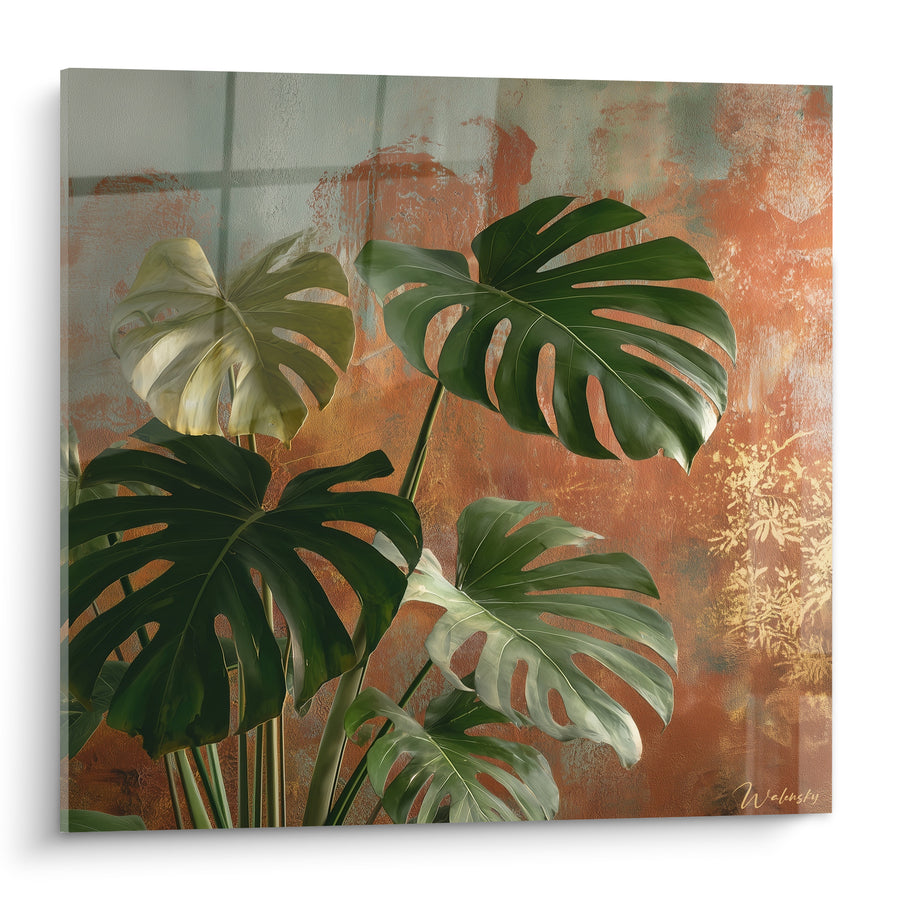 Tableau Monstera vert et ocre aux feuilles découpées - Jungle au crépuscule - Edition Terracotta