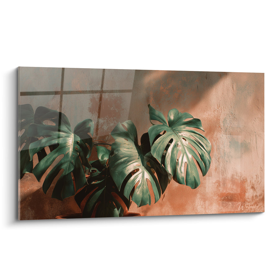 Tableau Monstera vert et terracotta contre mur ombré - Reflet de fenêtre - Edition Terracotta