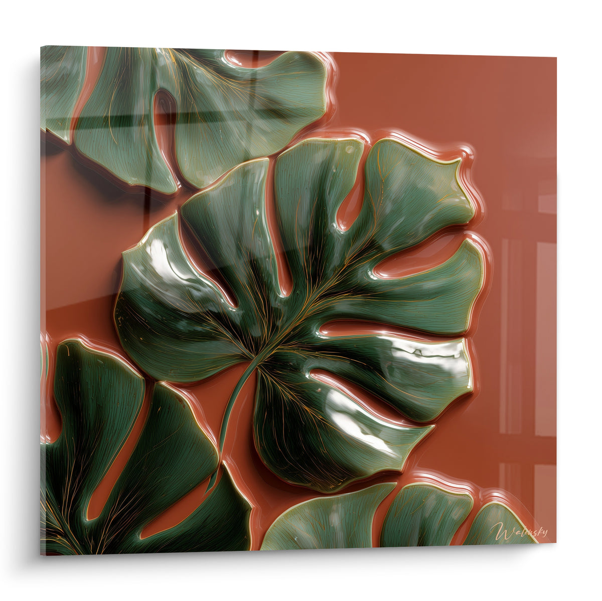 Feuilles de monstera vert sombre aux nervures dorées se déploient sur un fond terracotta brillant et texturé