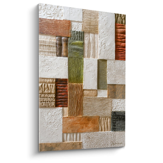 Mosaïque sculptée aux panneaux terracotta, ocre et vert sauge, reliefs texturés en damier vertical