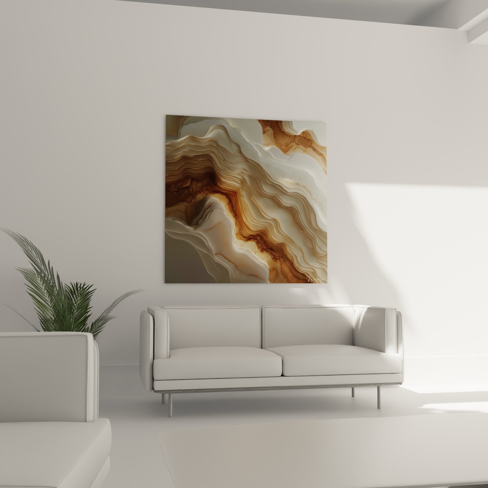 Motif agate ambré et blanc cassé de ce tableau Terracotta au-dessus d'un canapé dans un salon lumineux