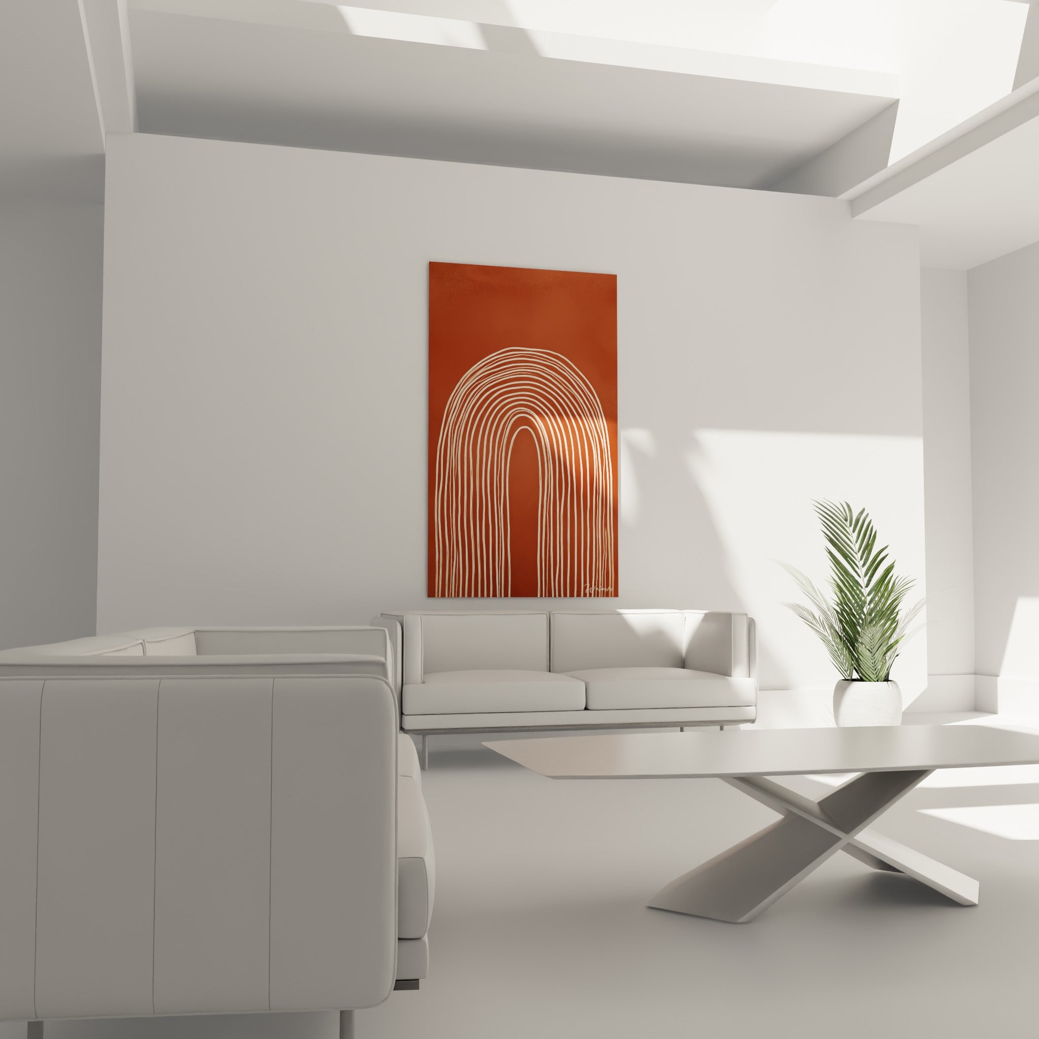Motif arqué crème et brique aux tracés irréguliers, disposé au-dessus d'un canapé dans un salon lumineux