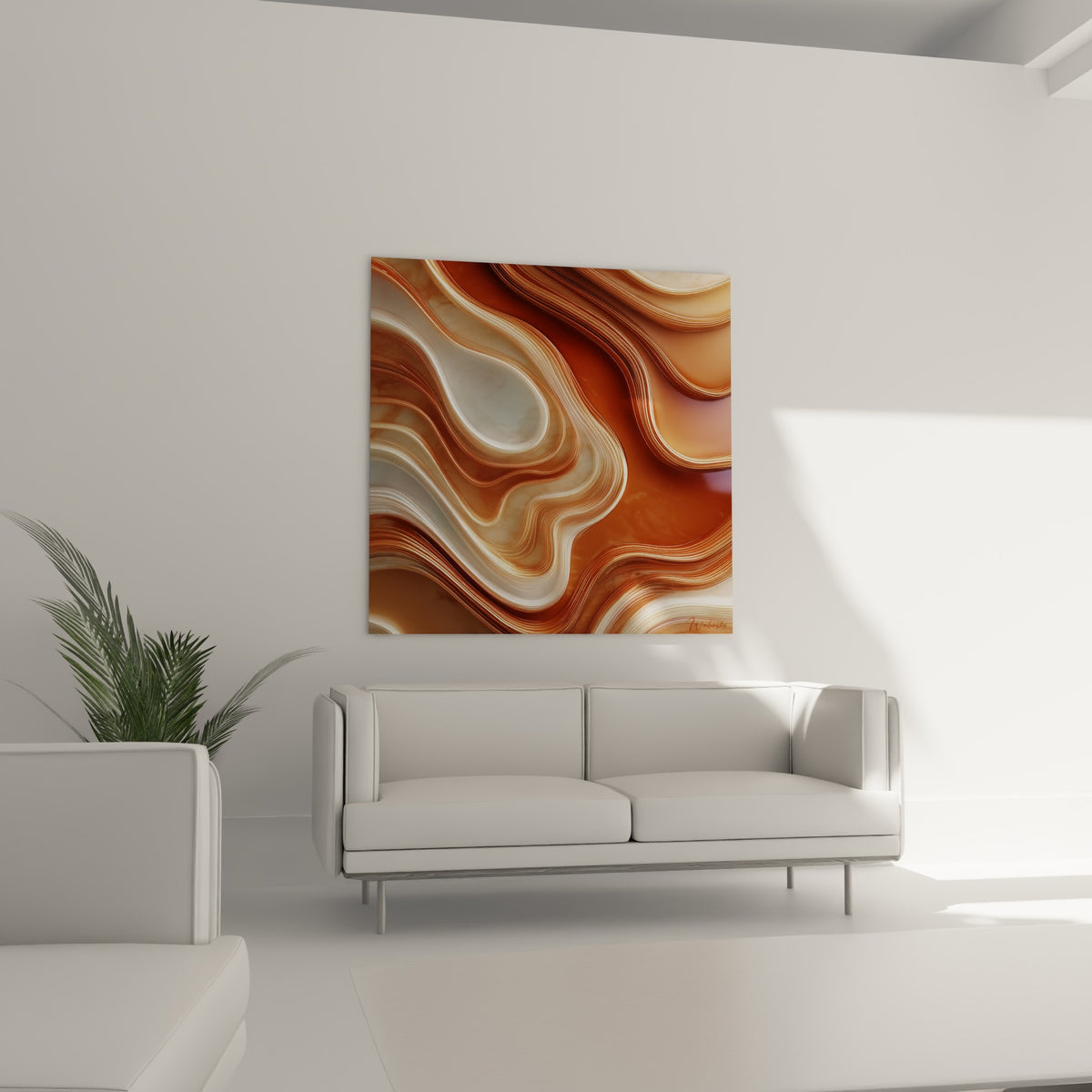 Motif cuivré et blanc marbré du tableau Terracotta, placé au-dessus d'un canapé dans un salon lumineux