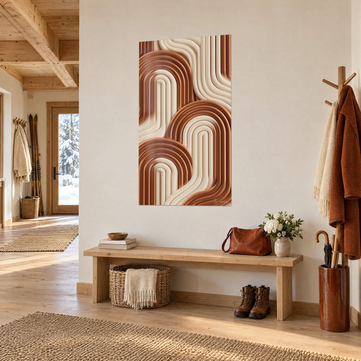 Schilderij met golvende buisreliëfs in terracotta en ivoor, driekwartzicht, chaletingang met houten bank