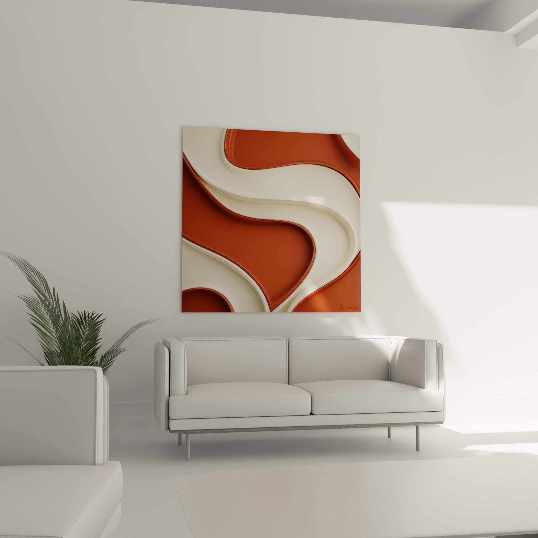 Motif sinueux brique et blanc cassé aux reflets satinés, disposé au-dessus d'un canapé dans un salon lumineux