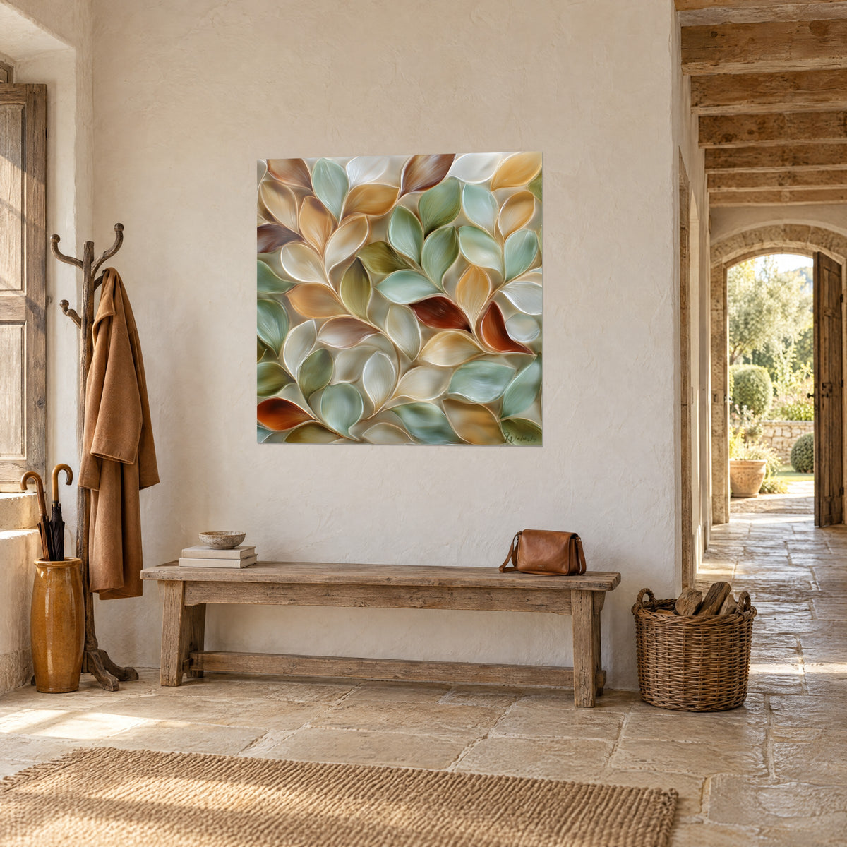 Tableau pétales en relief ocre et vert amande, vu de trois-quarts, sur un mur crépi près d'une arche de pierre