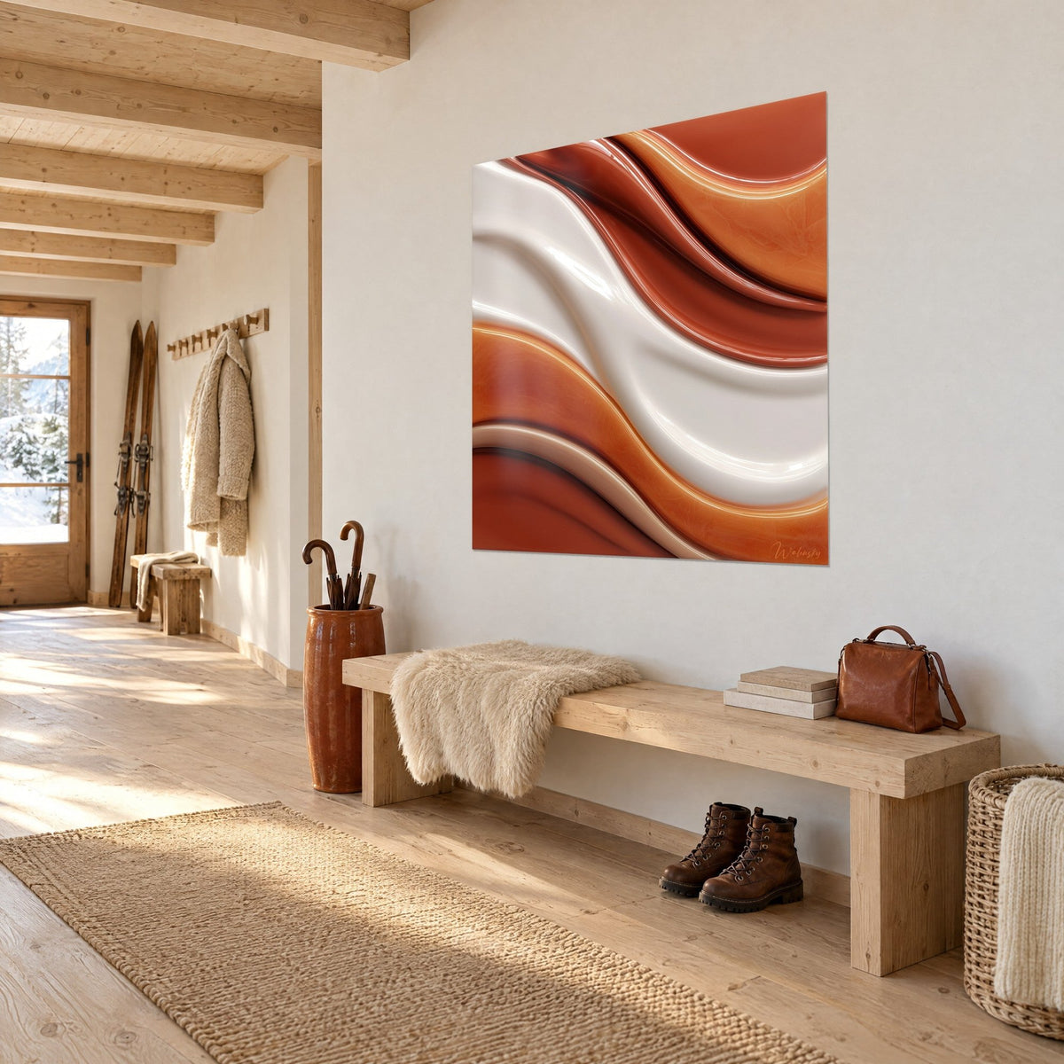 Gemälde mit cremig ivoryfarbenem Guss, gesäumt von Rost und kupferfarbenem Orange, an einer weißen Wand über einer Bank aus hellem Holz im Chalet