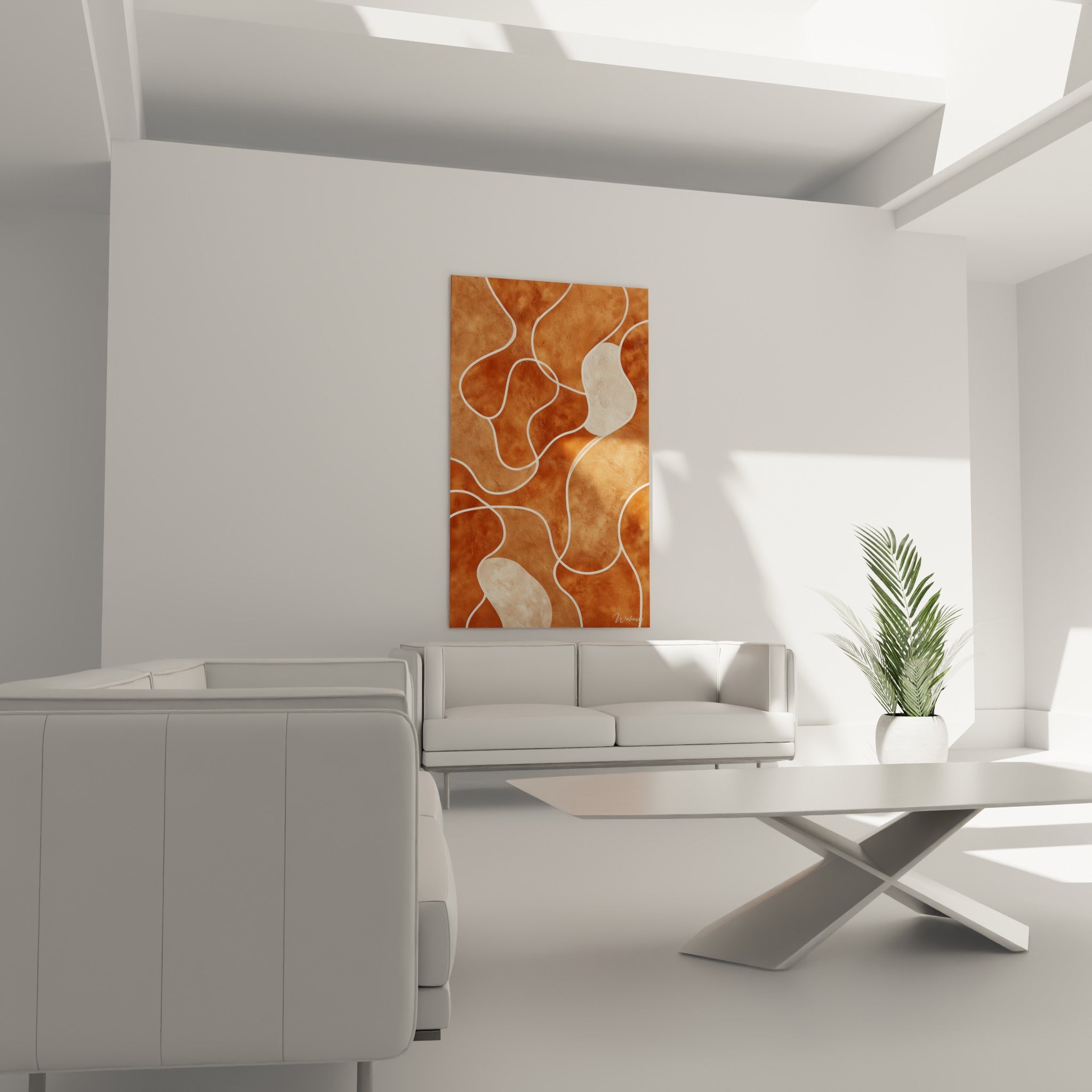 Courbes minérales du tableau Terracotta en tons cuivrés au-dessus d'un canapé dans un salon lumineux