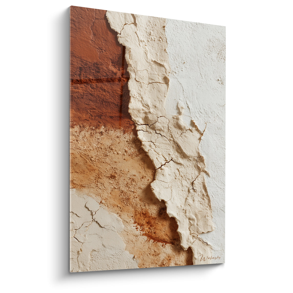 Mur fissuré terracotta et blanc cassé, texture craquelée aux tons rouille et ocre naturel
