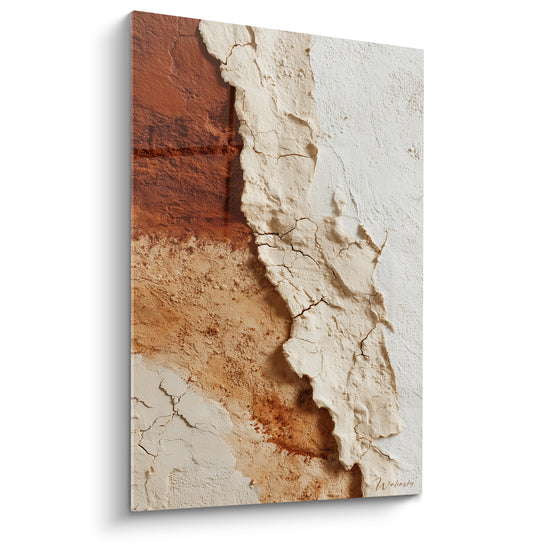 Mur fissuré terracotta et blanc cassé, texture craquelée aux tons rouille et ocre naturel