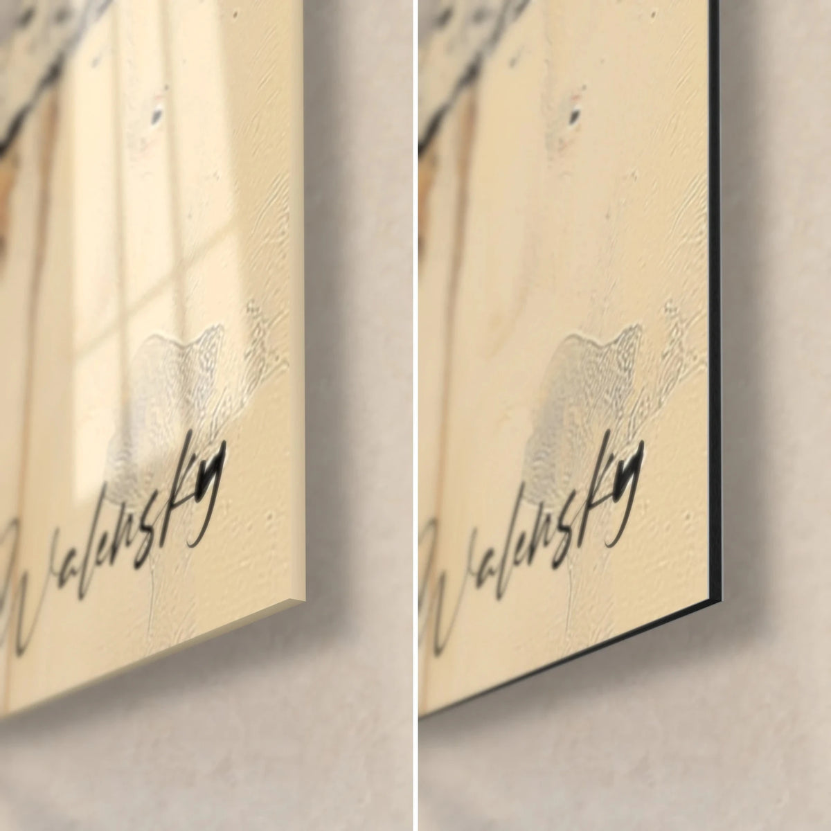 Gemälde mit schwarzem Zweig und orangefarbenen Akzenten, untere rechte Ecke: glänzendes Acrylglas links, mattes Dibond-Aluminium rechts