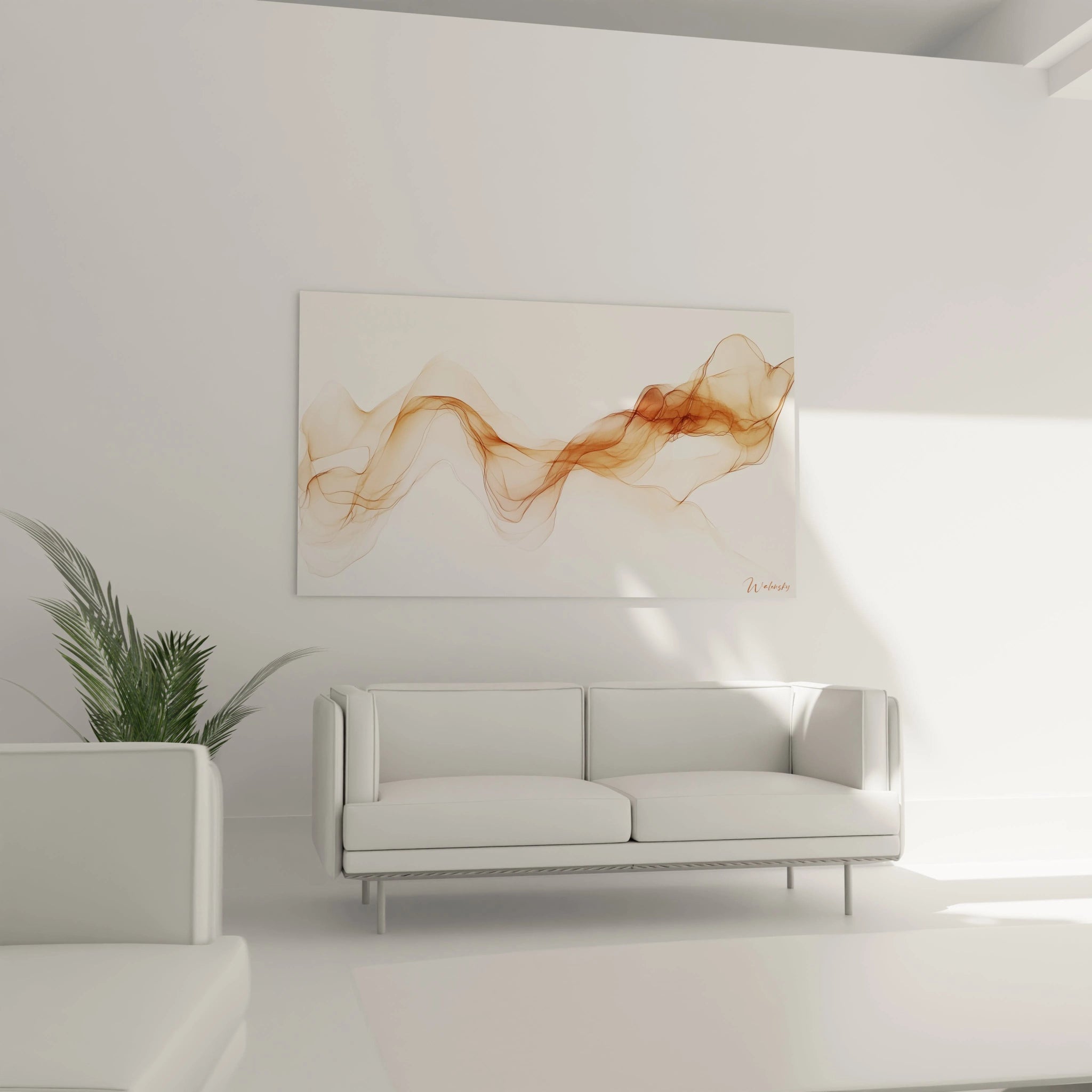 Une œuvre abstraite qualifiée de tableau terracotta nature, avec des courbes dynamiques en teintes terreuses, jouant sur la transparence et la superposition des couches colorées.

