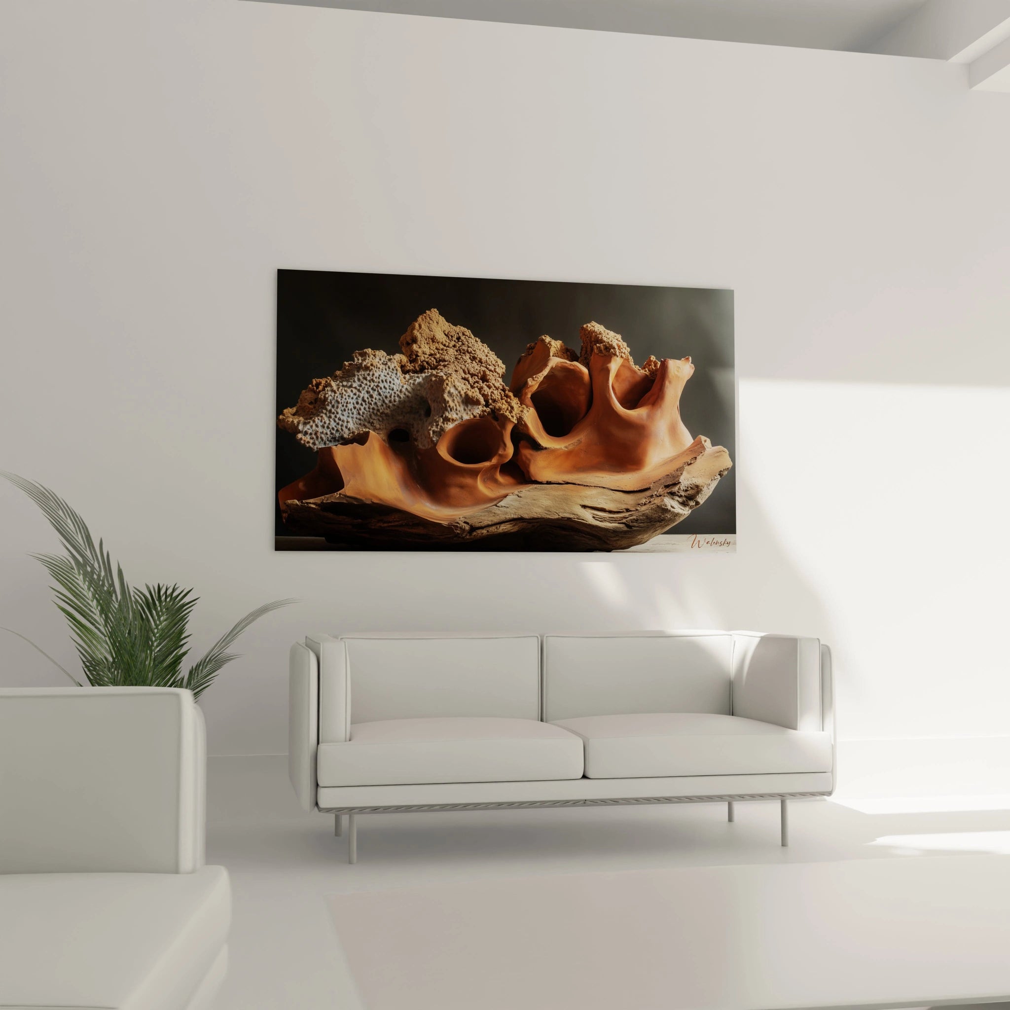 Un tableau terracotta nature composé de formes fluides et texturées en tons de beige, marron et orange. Des reliefs marqués et des zones lisses créent un contraste visuel intéressant.

