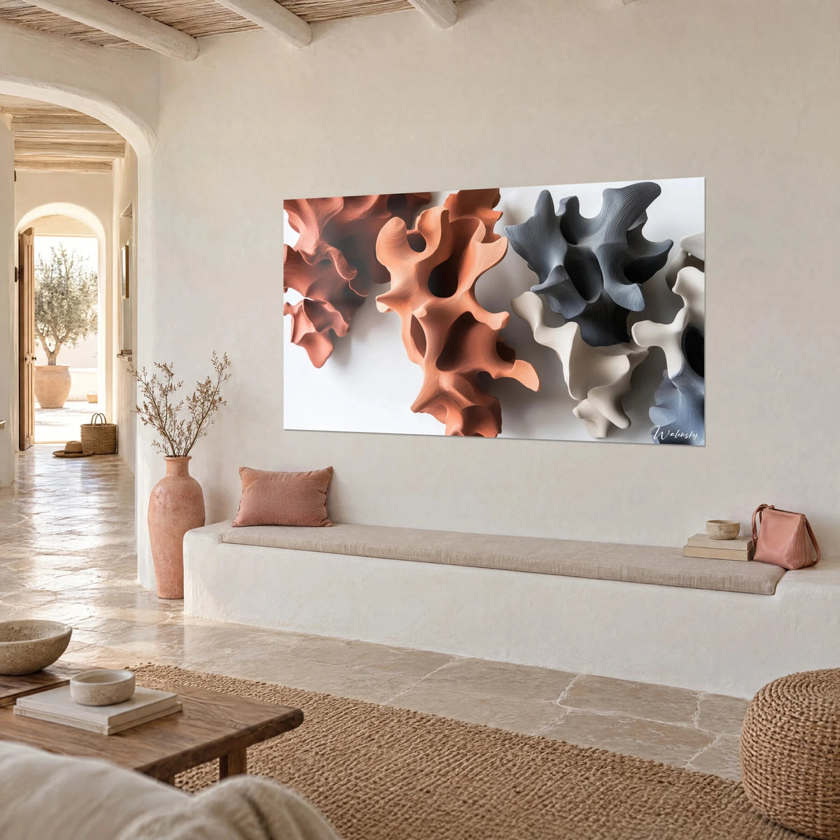Wall art with openwork organic shapes in copper orange and grey-blue with fine streaks, three-quarter view, curved white bench