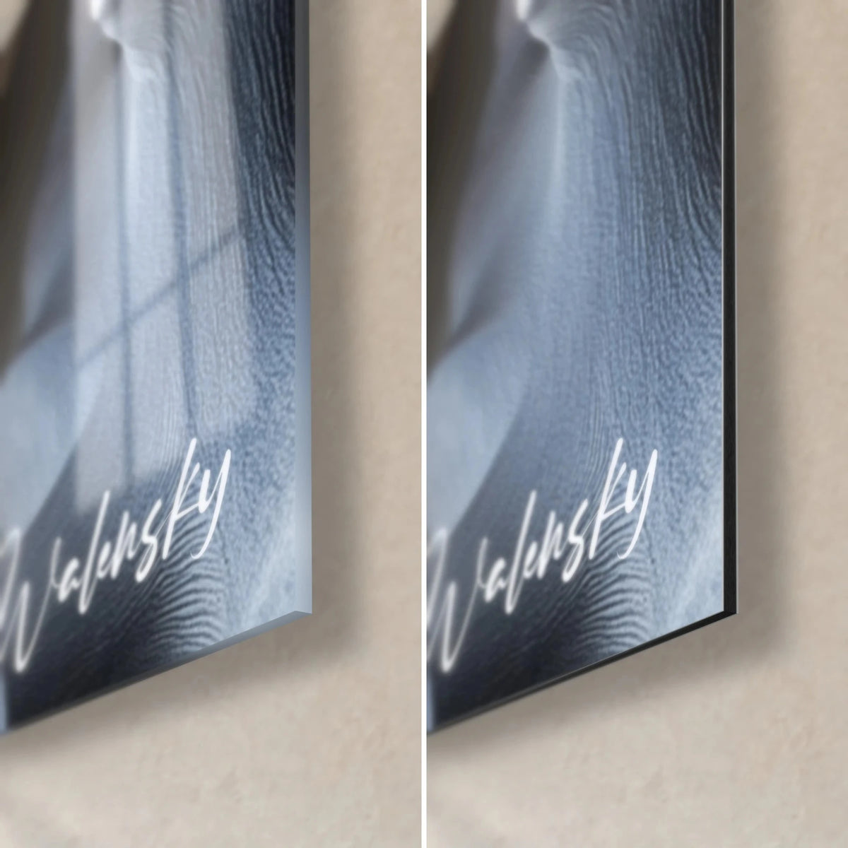 Wall art with striated slate clay shapes, bottom right corner: glossy glass on the left, matte Dibond on the right, 3 mm edge