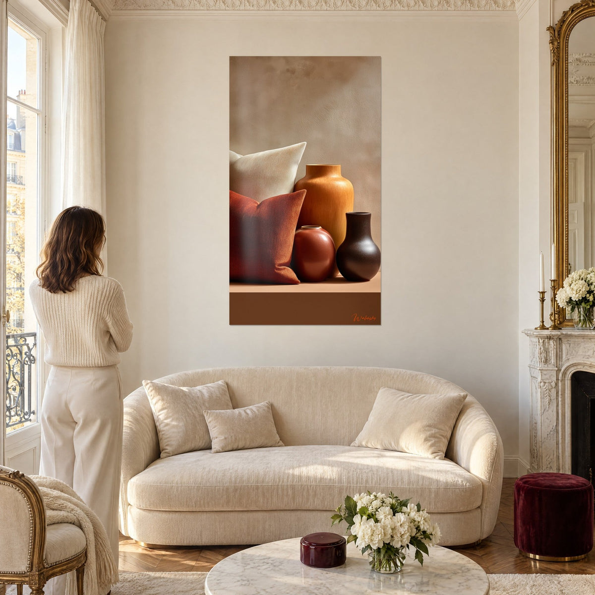 Quadro Cuscino ruggine e vaso ocra su sfondo beige, donna di spalle, sopra un divano in un soggiorno luminoso